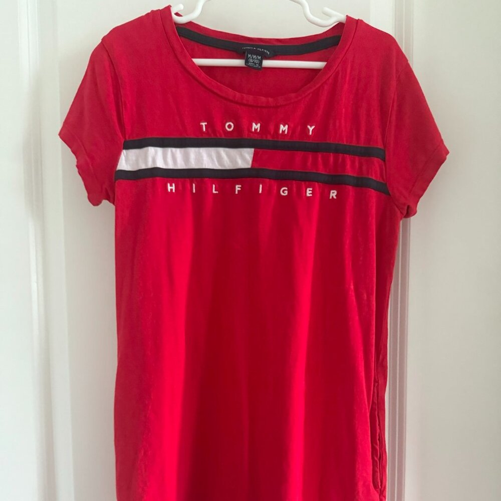 Tommy Hilfiger Girls T-Shirt Dress Cotton Crew Neck RED Size M (8-10) - Preloved